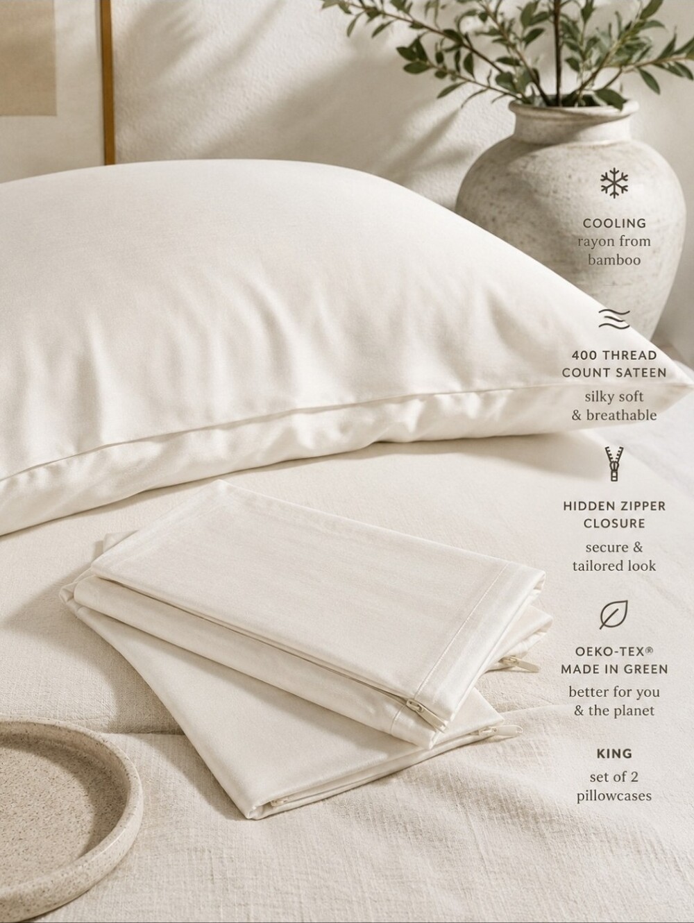 Casaluna King Bamboo Pillowcases Natural NWOT 400 TC Cooling Hidden Zipper